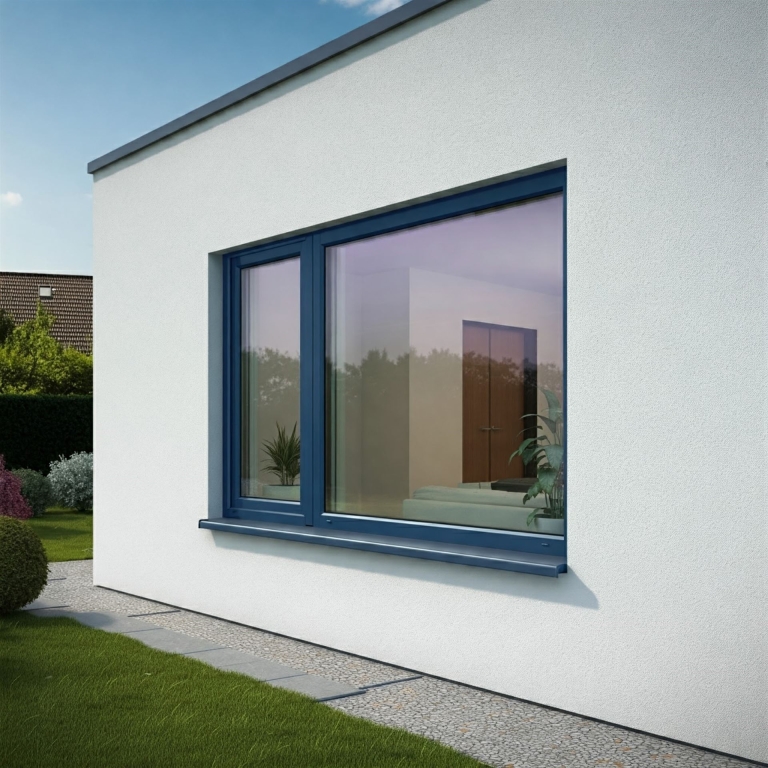 Fenster Farbe RAL 5011 Stahlblau aus Material Kunststoff in einer weißen Fassade