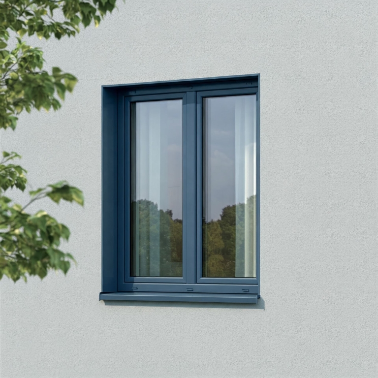 Fenster in der Farbe RAL 5011 Stahlblau aus Material Kunststoff in einer hellgrauen Fassade 