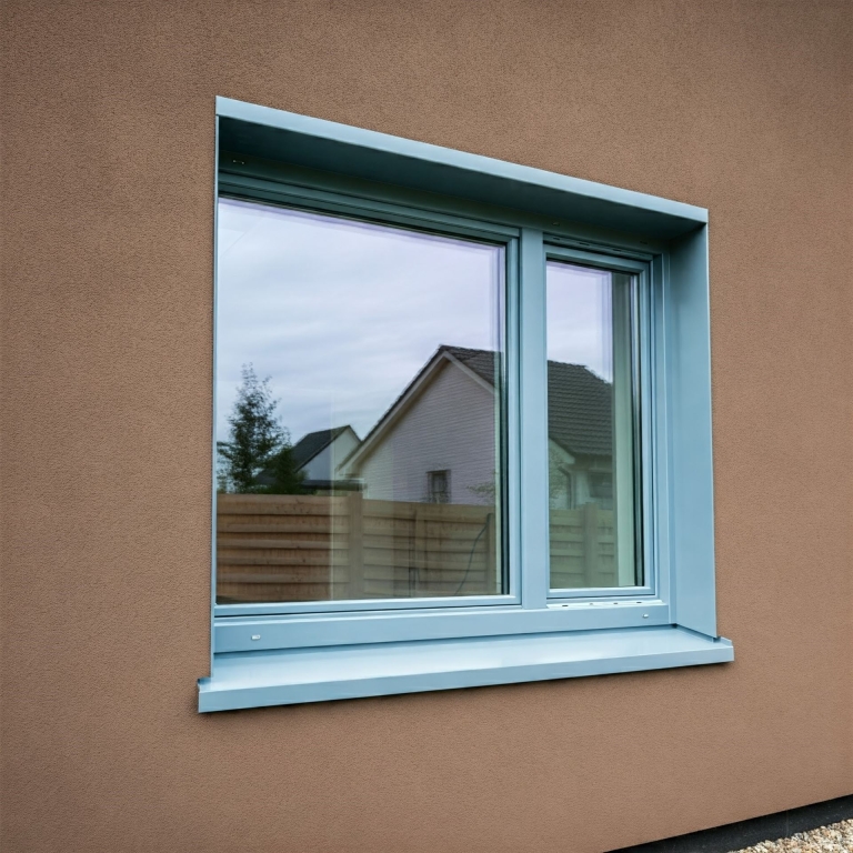 Fenster in der Farbe RAL 5012 Lichtblau aus Material Kunststoff in einer braunen Fassade