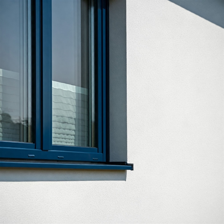 Fenster in der Farbe RAL 5014 Taubenblau aus Aluminium in einer weißen Fassade